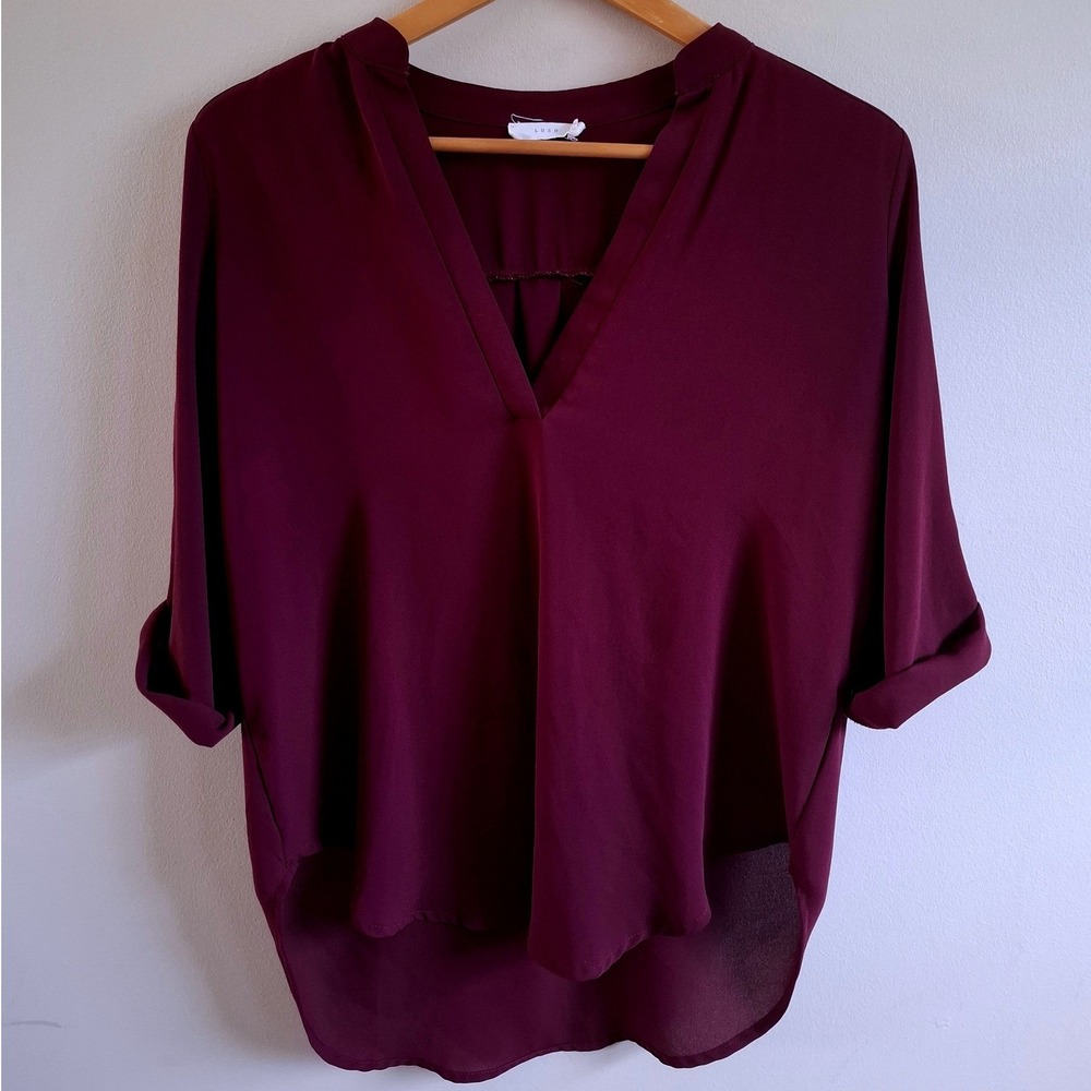 LUSH Sheer Burgundy Red Top Flowy Hi Low Hem Whimsigoth Dark Cottage Office Sz S